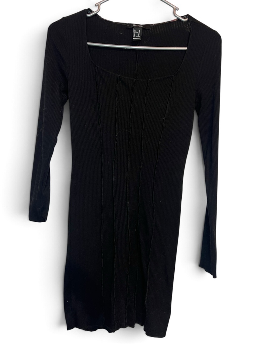 Forever 21 Black Ribbed Square Neck Long Sleeve Mini Dress M